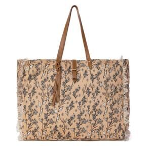 NWT Boutique Boho Brookside Cotton & Leather Weekender Bag in Warm Tan